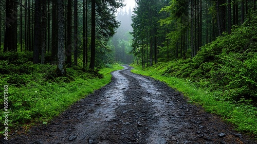   Dirt road in forest surrounded by tall trees on both sides and dense woods beyond