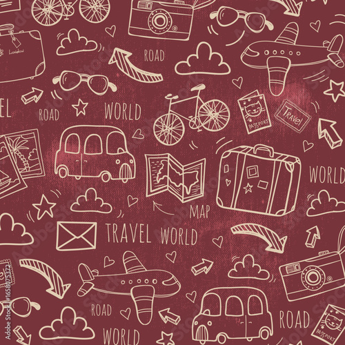 Seamless monochrome pattern on checkered paper. Icon set of elements for summer vacation travel, hand drawn vector doodles in line style. Line contour in sketch style.