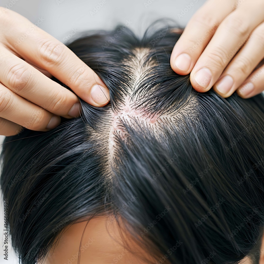 Fototapeta premium Close up of scalp and thinning hair concept for hair loss or dandruff problems and scalp condition male pattern baldness