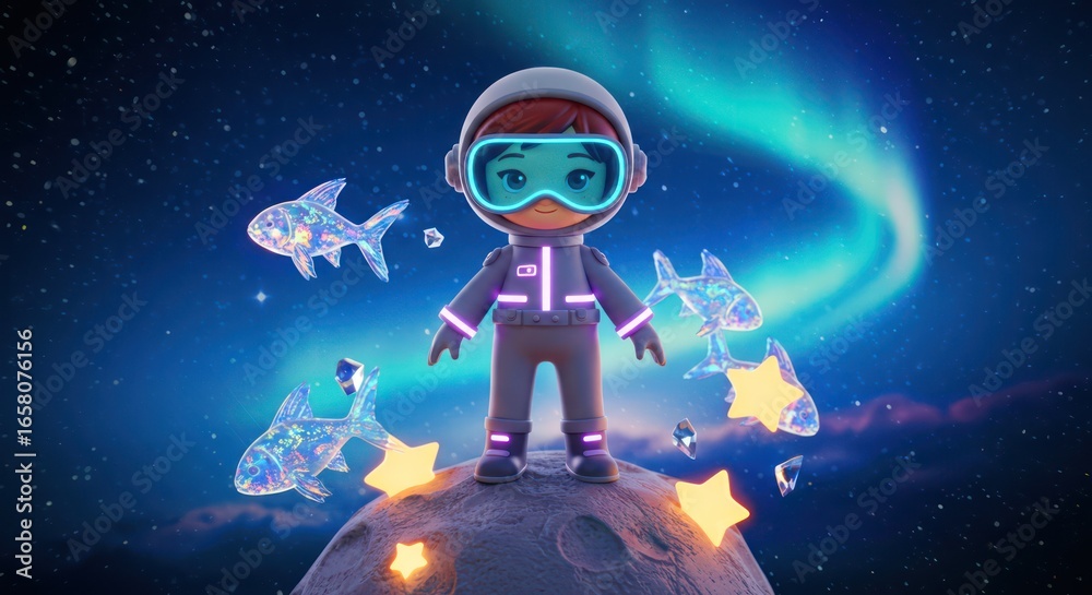 Naklejka premium Cute astronaut girl on moon with glowing fish and stars.