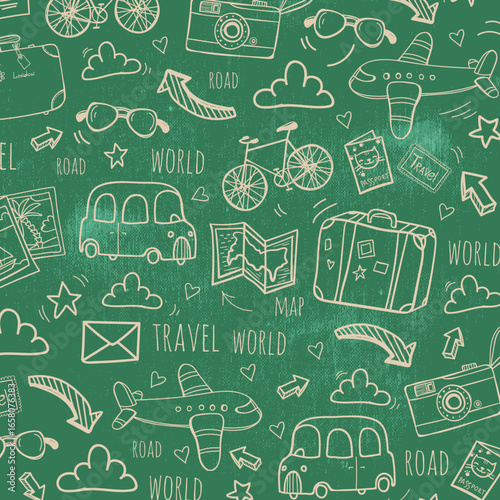 Seamless monochrome pattern on checkered paper. Icon set of elements for summer vacation travel, hand drawn vector doodles in line style. Line contour in sketch style.