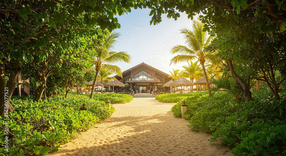 Fototapeta premium Pathway through vibrant tropical foliage leading to a beachfront resort during golden hour