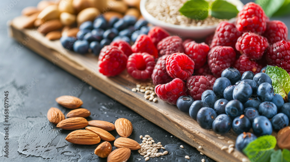 Fototapeta premium Assortment of fresh berries, nuts, and seeds on a wooden board. A beautifully arranged selection of fresh raspberries, blueberries, almonds, and seeds on a rustic wooden board, perfect for healthy eat