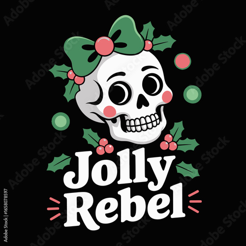 Jolly rebel Christmas skull with holly and green bow, gothic festive vector illustration, poster card sticker tshirt design printable