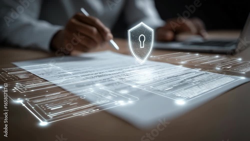 Secure Digital Agreement: Man signs a document with digital security overlay, symbolizing data protection and secure online transactions.