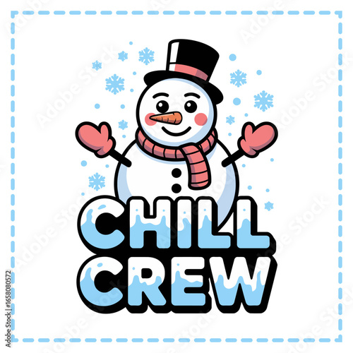 Chill crew smiling snowman inside stitched border frame with snowflakes, holiday vector artwork for greeting cards posters stickers tshirt printable