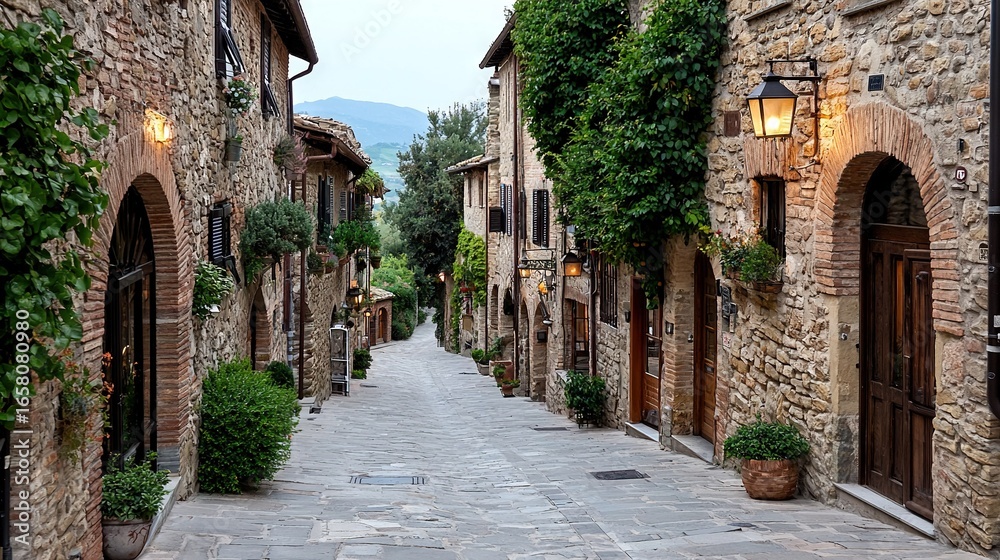 Obraz premium A cobblestone path bordered by stone structures and vibrant potted plants