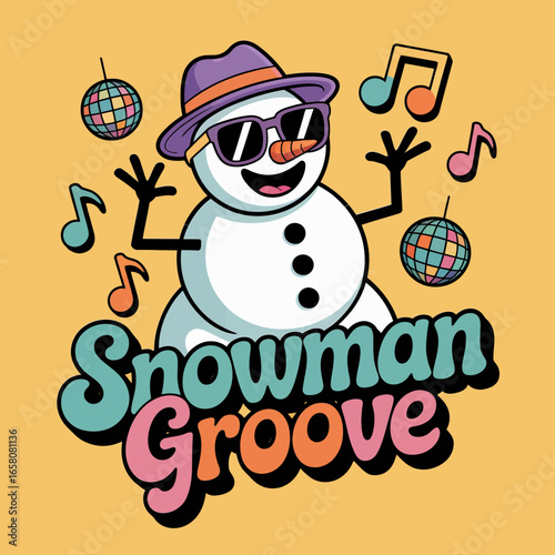 Snowman groove disco theme, cool snowman in sunglasses and hat with music notes, retro holiday poster card sticker vector