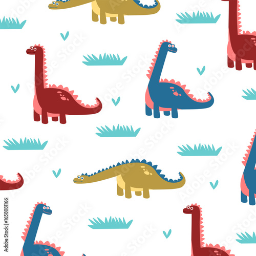funny cute brontosaurus dinosaur seamless pattern vector cartoon design for kids apparel fullprint fabric