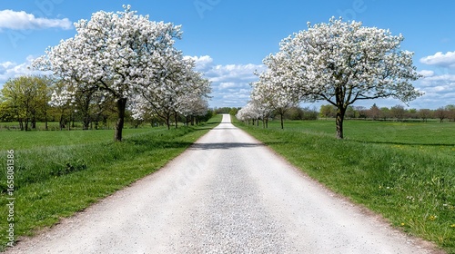   A dirt road bordered by trees on either side and grass on either side lies amidst a field