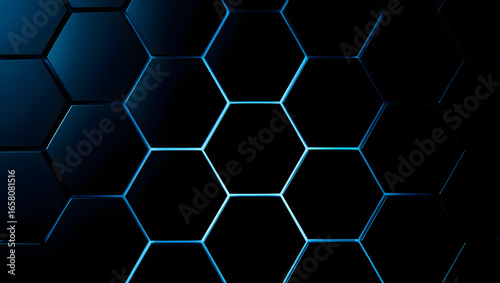 Abstract background with geometric hexagon pattern and blue light accents