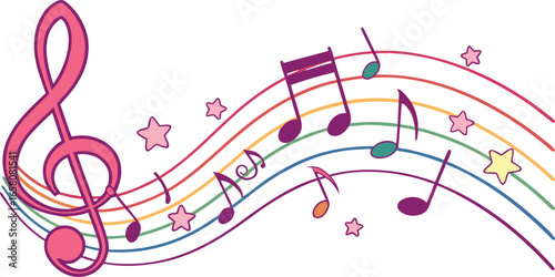 A vibrant and whimsical illustration featuring a pink treble clef and a flowing musical staff adorned with colorful notes and twinkling stars