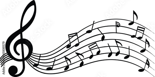 Elegant black and white illustration of a flowing musical staff with a treble clef and dynamic musical notes creating a sense of melody and rhythm