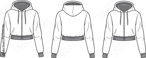 Cropped zip-up hoodie fashion flat sketch, front and back views, modern casual wear, streetwear style, technical drawing template