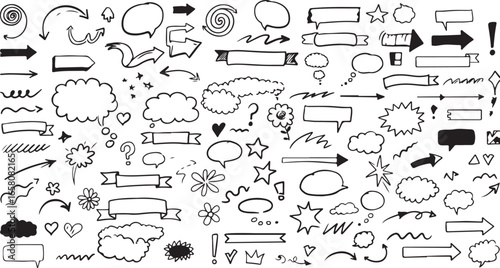 Hand drawn doodle elements with arrows speech bubbles and flowers Keywords: doodle, hand drawn