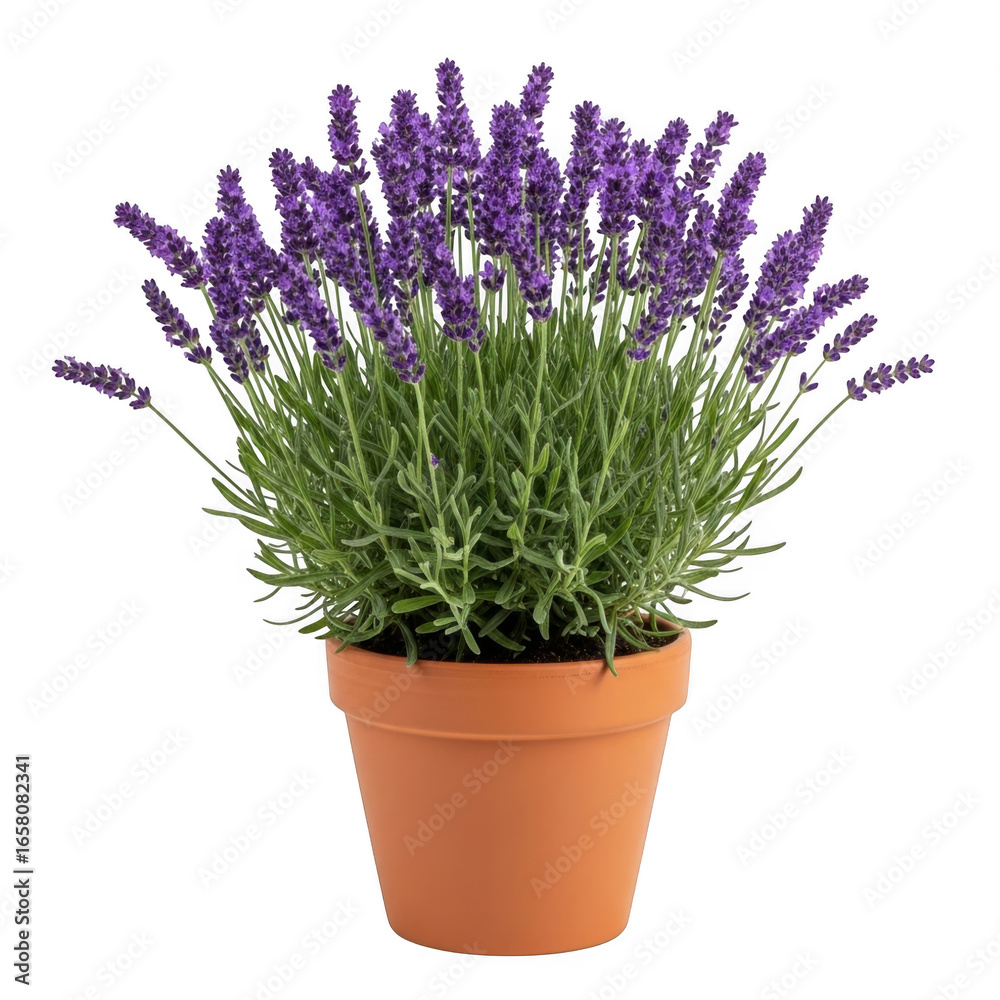 Fototapeta premium Lavender plant in pot with purple flowers isolated on transparent background