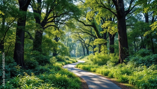 Winding path leads through a dense forest with sunlight filtering through the lush green canopy of trees and vegetation