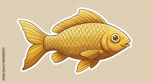 A detailed illustration of a vibrant golden fish swimming in clear blue water its scales shimmering with iridescence as it glides gracefully through its aquatic habitat showcasing the beauty of marine