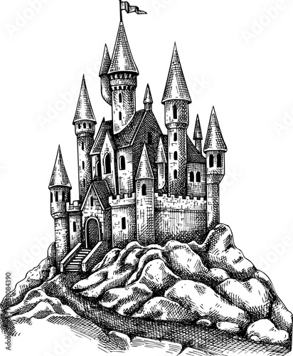 Vintage medieval stone castle sketch. Hand-drawn vector illustration. Fantasy architecture design. Old building on rocks drawing. NOT AI generated