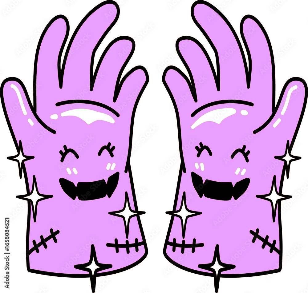 Obraz premium Halloween Spooky Lilac Cartoon Gloves with Sparkles and Stitches