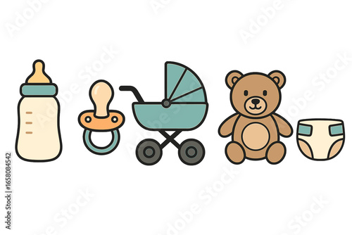 Baby essentials collection. Vector icon set for newborn. Bottle, pacifier, stroller, teddy bear, diaper. Cute flat cartoon illustration. Childcare, baby shower, new parents.