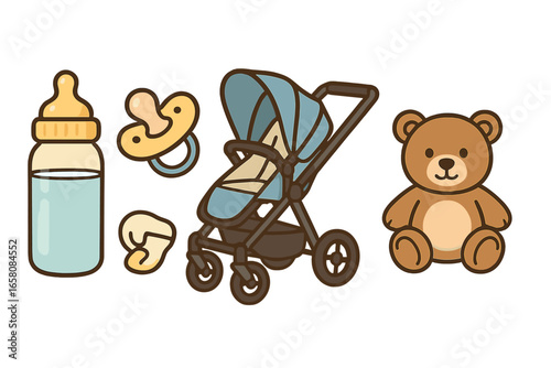 Baby essentials icon set. Newborn infant care collection with bottle, pacifier, stroller, teddy bear and sock. Cute cartoon vector illustration for new parents or baby shower.