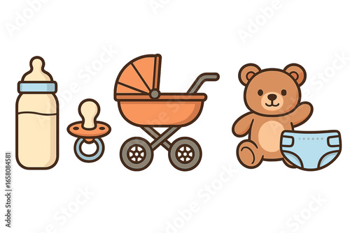 Baby essentials vector icon set. Newborn baby shower design elements collection. Cute cartoon stroller, teddy bear, milk bottle, pacifier and diaper. Isolated illustration.