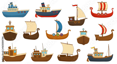 Collection of Diverse Cartoon Sailing Vessels and Steamships Depicting Various Historical and Modern Maritime Transportation Methods across Different Eras and Styles of Naval Craft
