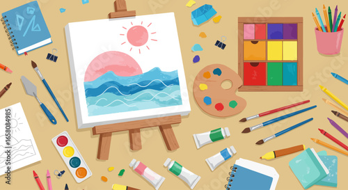 Vibrant Art Supplies Laid Out for a Creative Painting Session Featuring a Sunset Over the Ocean Scene Being Created on an Easel Surrounded by Brushes Pencils and a Color Palette on a Wooden Desk Surfa