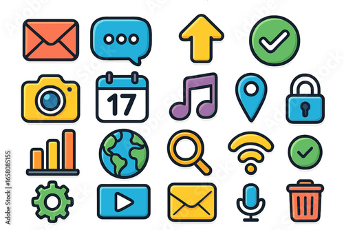 Modern flat cartoon icon collection. Big set of colorful vector signs for web design, mobile app, UI UX. Symbols for mail, chat, location, search, music, camera, security.