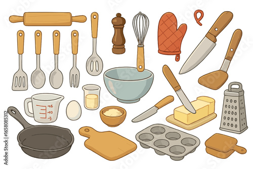 Set of kitchen utensils and baking ingredients. Cooking tools collection for food preparation. Vector illustration of culinary equipment essentials for homemade recipes. Cartoon style.