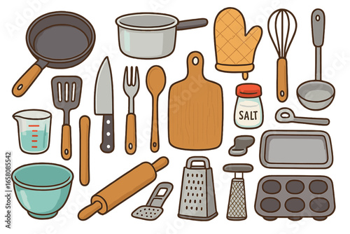 Kitchen utensils and cooking tools vector icon set. Collection of cartoon kitchenware for baking and food preparation. Culinary equipment essentials like pan, pot, knife, and whisk.