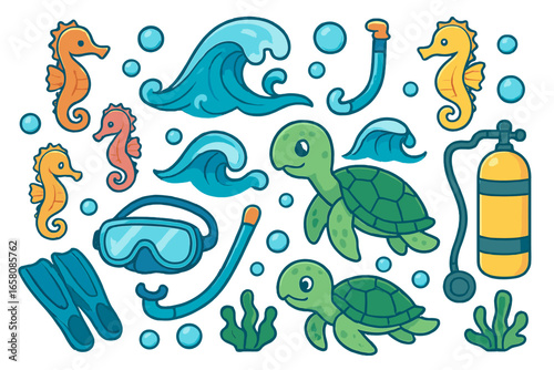Set of cute marine life and diving equipment. Vector cartoon illustration with sea turtle, seahorse, waves, snorkel, mask. Underwater ocean animal and scuba gear collection.