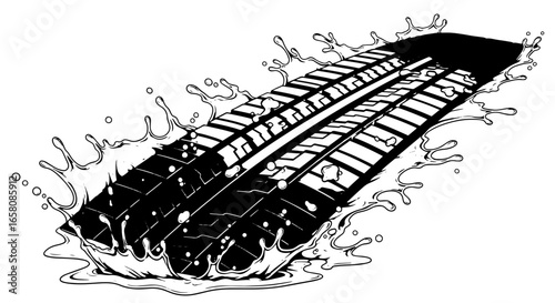 Dynamic tire track splashing through water for automotive designs and safety campaigns, originally a scalable vector graphic