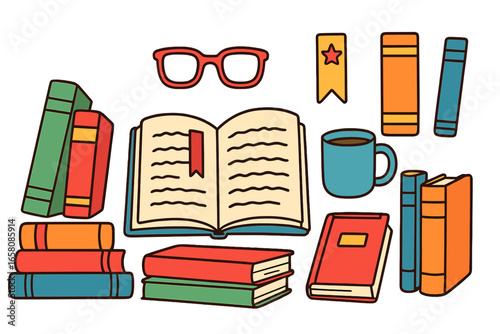 Reading icon set. Book collection for education, study. Vector literature symbols. Library, knowledge, learning concept. Doodle textbook, glasses, coffee mug, bookmark. Cartoon