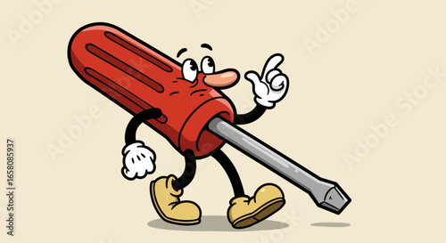 A Cheerful Red Screwdriver Character with a Vintage Cartoon Style Walks Confidently with a Friendly Expression on its Face