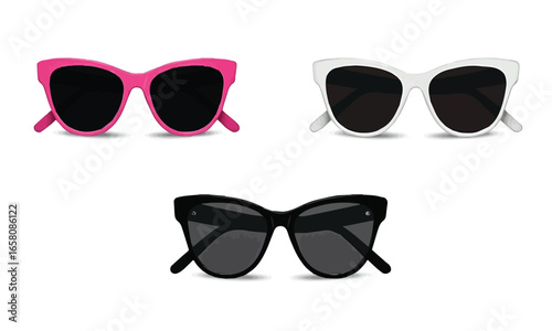 Stylish Sunglasses with Colorful Frames, Summer time object. Fashion glasses for women. Travel accessory.
