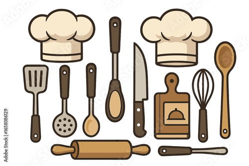 Cooking utensils and chef hat icon set. Kitchen tools for restaurant, culinary school, home cooking. Vector equipment for gastronomy. Spatula, knife, whisk, rolling pin.