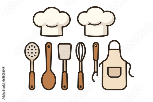 Chef hat, apron, and kitchen utensils vector set. Cooking equipment icons for culinary school, restaurant menu, or gastronomy blog. Spatula, spoon, whisk flat illustration.