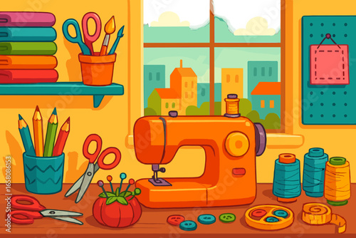 Sewing workshop vector illustration. Creative hobby or craft room interior. Handmade concept with sewing machine, threads, scissors, and buttons on a table. DIY workspace design.