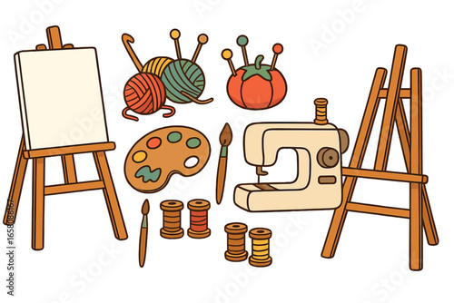Crafting workshop tools and supplies set. Art hobby concept with easel, canvas, yarn, knitting needles, sewing machine, and palette. Vector cartoon creative illustration.