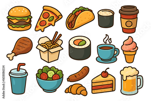 Food and drink icon set. Vector cartoon collection for menu or web. Fast food, Asian cuisine, dessert, coffee, beer. Burger, pizza, sushi, taco. Isolated graphic elements.