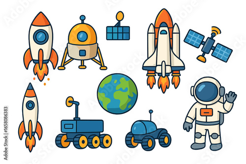 Space exploration vector illustration set. Cartoon astronaut, rocket, shuttle, satellite, lunar lander, rover and planet Earth icons. Science and technology graphic elements.