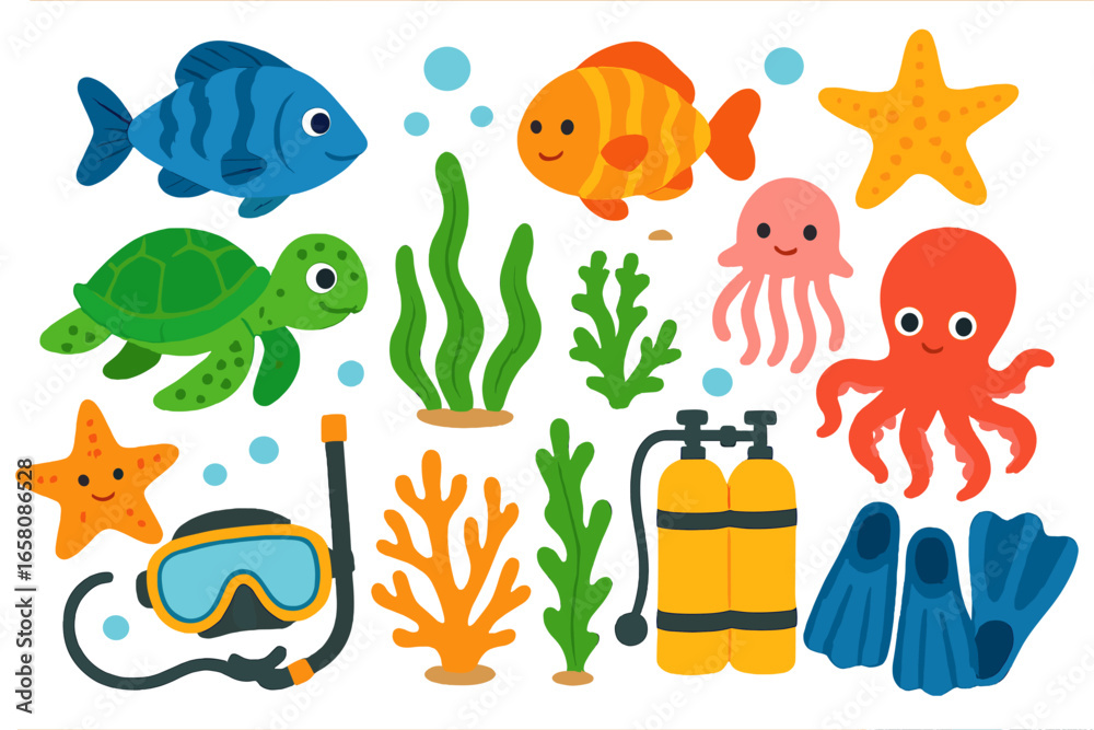 Naklejka premium Colorful marine life & diving gear set. Cute cartoon vector collection of sea animals fish, turtle, octopus & snorkel equipment. Underwater ocean clip art icons for kids design.