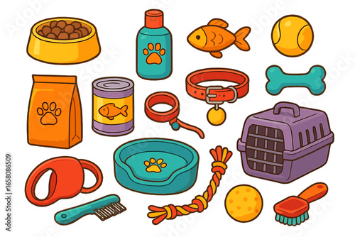 Pet care accessories and supplies set. Cartoon vector illustration collection of dog and cat items. Food, toys, grooming tools, collar, leash, carrier for pet shop or vet clinic.