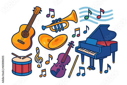 Vector set of colorful musical instruments in flat cartoon style. Collection of icons for music school, concert, or festival. Includes grand piano, acoustic guitar, violin, trumpet, drum.