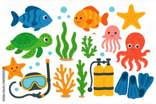 Colorful marine life & diving gear set. Cute cartoon vector collection of sea animals fish, turtle, octopus & snorkel equipment. Underwater ocean clip art icons for kids design.
