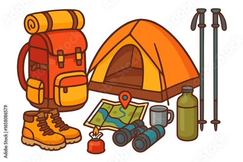 Camping and hiking equipment set for outdoor adventure. Vector illustration of travel essentials like tent, backpack, boots, map, poles. Tourism and exploration concept.