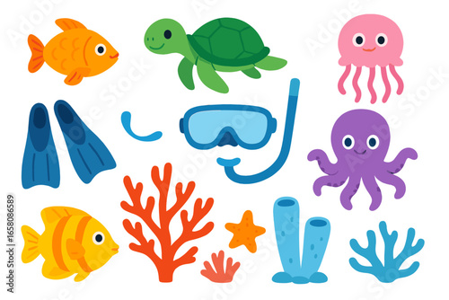 Cute cartoon sea animals and diving equipment set. Vector collection of marine life icons with fish, turtle, octopus, jellyfish, coral, starfish for kids. Snorkeling elements.