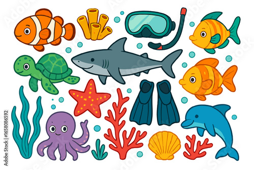Cute cartoon sea life animal collection. Vector illustration set with shark, dolphin, turtle, clownfish, octopus, and diving gear like mask, snorkel and flippers. Marine icons.